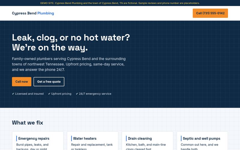 Home page of the Cypress Bend Plumbing demo site, with a navy header and an orange call button